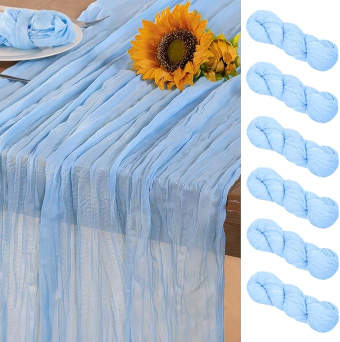Baby Blue Cheesecloth Table Runner 6 Pack Christmas Table Runners Boho Gauze 120 Inches Light Blue Table Decor for Xmas Holiday Season Parties Wedding Bridal Baby Boy Shower Birthday