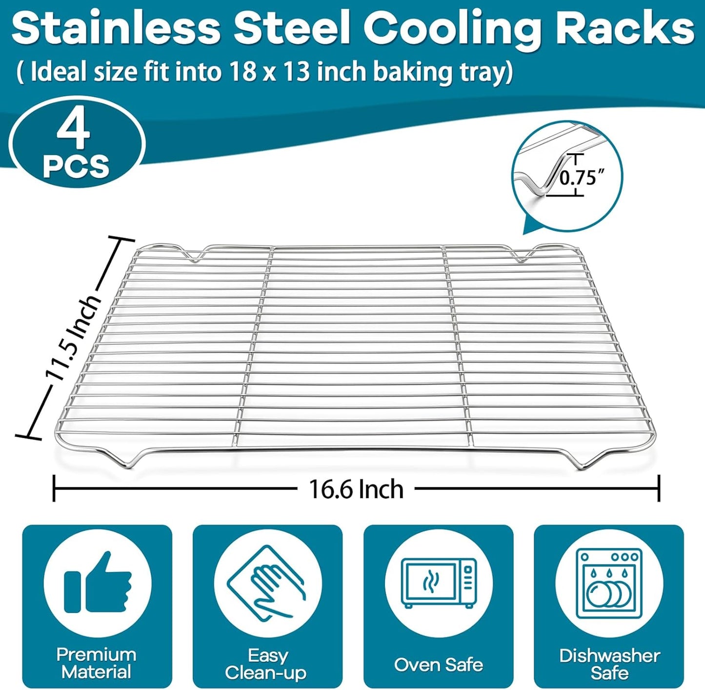 P&P CHEF Baking Cooling Rack Set for Cooking Roasting, 4-Piece Stainless Steel Wire Racks for Oven Use, Healthy & Dishwasher Safe, Rectangle, 16.6 Inch