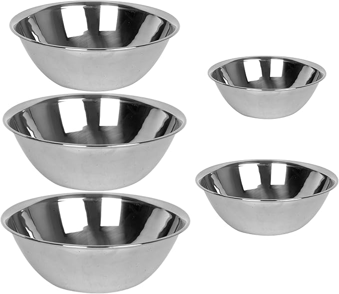 FSE Commercial Mixing Bowl Set, 5 Piece Set, Includes 5 qt., 4 qt., 3 qt., 1.5 qt., 3/4 qt., Stainless Steel, Medium Weight