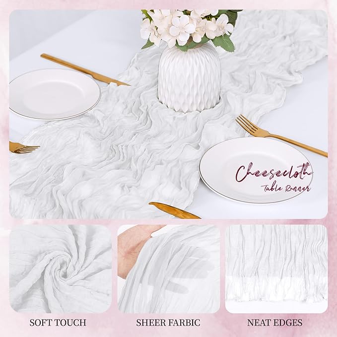 12 Pack White Cheesecloth Table Runner 17x108 Inch Semi Sheer Boho Gauze Cheese Cloth Fabric Table Runners, for Wedding Party Baby Shower Birthday Home Decor Garden Farmhouse