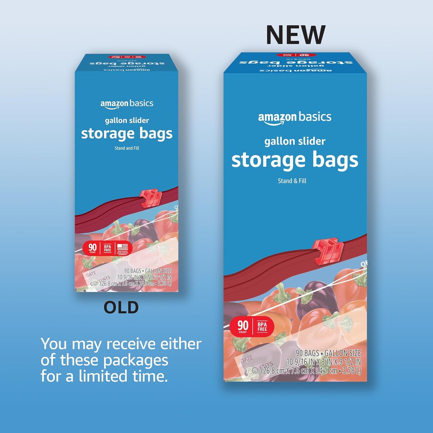 Amazon Basics Slider Gallon Food Storage Bags, Stand & Fill, 90 Count (Pack of 2)