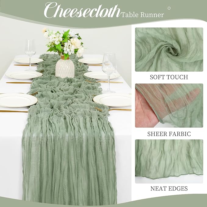 12 Pack 10Ft Sage Green Cheesecloth Table Runner 35 x 120 inch Boho Gauze Cheese Cloth Table Runner Vintage Rustic Sheer Runners for Wedding Bridal Shower Birthday Party Cake Table Decorations