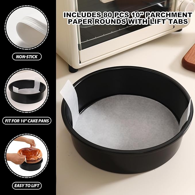 10 Inch Cake Pan Set of 2, Nonstick Round Cake Pans with 80 PCS Parchment Paper, Carbon Steel Layer Cake Baking Molds, Dishwasher Safe