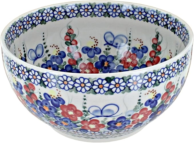 Blue Rose Polish Pottery - Red Garden Butterfly Medium Mixing Bowl - 6 Cup Capacity - Polish Pottery Ceramic Bowl for Baking, Mixing & Serving