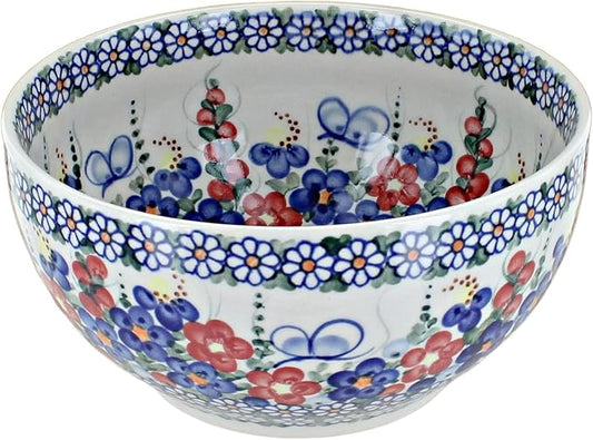 Blue Rose Polish Pottery - Red Garden Butterfly Medium Mixing Bowl - 6 Cup Capacity - Polish Pottery Ceramic Bowl for Baking, Mixing & Serving