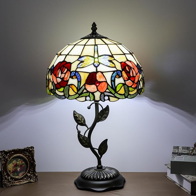 Stained Glass Table Lamp, Dragonfly Rose Style Lampshade & Metal Leaf Antique Base Desk Reading Light 12X12X19 Inches Decor for Bedroom Living Room Office