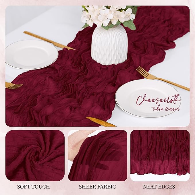 6 Pack Burgundy Cheesecloth Table Runner 17x108 Inch Semi Sheer Boho Gauze Cheese Cloth Fabric Table Runners, for Wedding Party Baby Shower Birthday Home Decor Garden Farmhouse