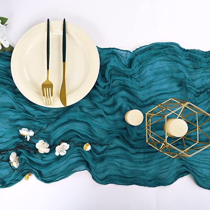 12 Pack 10Ft Teal Cheesecloth Table Runner 35 x 120 inch Boho Gauze Cheese Cloth Table Runner Vintage Rustic Sheer Runners for Wedding Bridal Shower Birthday Party Cake Table Decorations