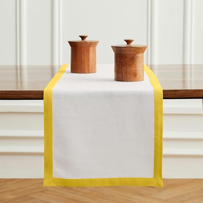 Solino Home Linen Table Runner 108 Inches Long - 100% Pure Linen Sunshine Yellow and White Dining Table Runner 14 x 108 Inch - Classic
