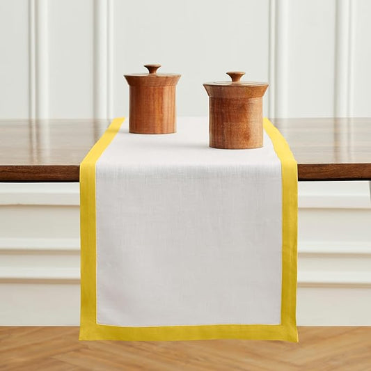 Solino Home Linen Table Runner 90 Inches Long - 100% Pure Linen Sunshine Yellow and White Dining Table Runner 14 x 90 Inch - Classic