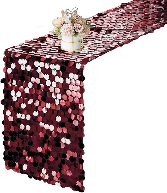 12 x 108 Inch Burgundy Sequin Table Runner Glitter Rectangle Big Sequin Table Runner for Wedding Party Birthday Christmas Halloween Decoration (1 Pack)