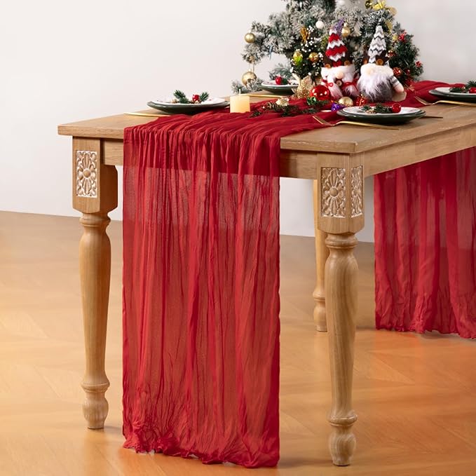 Red Cheesecloth Table Runner Christmas Table Runner Boho Gauze 120 Inches Red Cheese Cloth Table Decor for Xmas Holiday Season Parties Weddings Bridal Baby Shower Candlelight Dinner