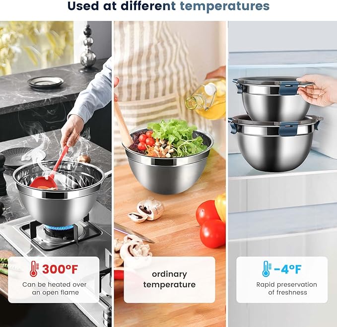 Daily Treasures Mixing Bowls with Airtight Clear Lids Set of 3,Thicker Stainless Steel Mixing Bowl Set,Nesting Bowls for Cooking, Prepping, Baking, Serving & Food Storage, Size 5, 3, 1.5QT