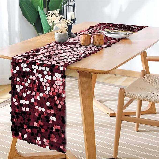 12 x 108 Inch Burgundy Sequin Table Runner Glitter Rectangle Big Sequin Table Runner for Wedding Party Birthday Christmas Halloween Decoration (1 Pack)