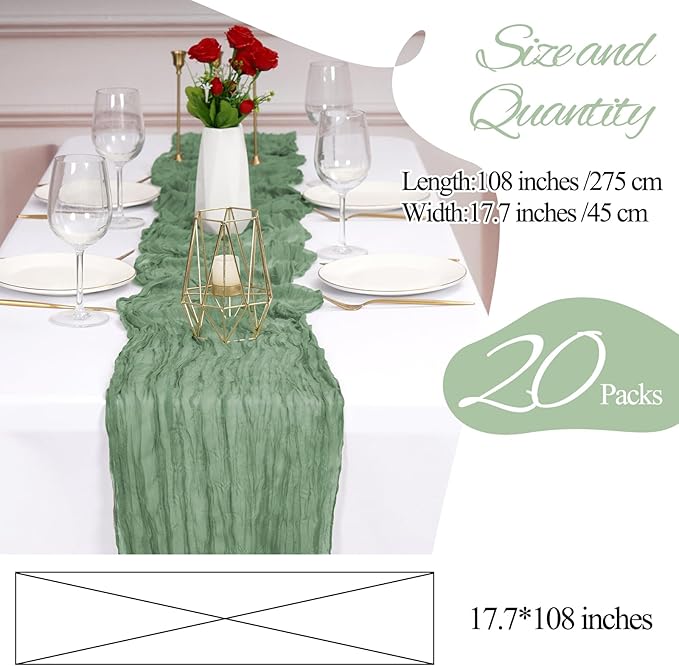 20 Pack Cheesecloth Table Runner Sage Green, Rustic Boho Gauze Fabric Table Runner Romantic Table Runner For Wedding, Festival, Birthday, Anniversary, Dinner and Outdoor Events (17.7 x 108 inch)