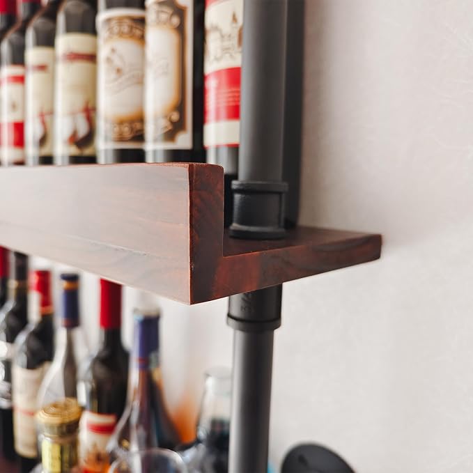 Industrial Wine Rack Wall Mounted, Industrial Pipe Bar Shelf for Wine Display, 5-Tier Rustic Hanging Organizer for Wine Bottle Storage in Kitchen, Bar, Pub, Cellar(Walnut Brown, 36 Inch)