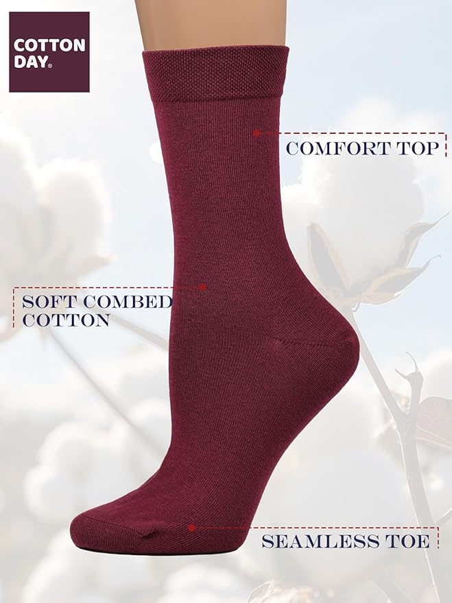 COTTON DAY Women's Soft Combed Cotton Dress Socks Seamless Toe Black White Gray Navy Blue Brown Beige