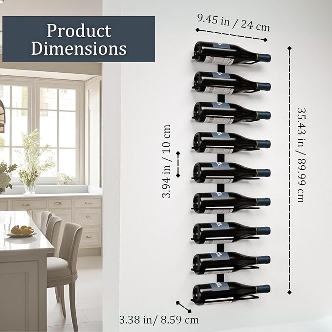 9-Bottle Black Metal Wall Mounted Wine Rack – Modern Industrial Wine Bottle Storage Organizer for Home Bar, Kitchen, Dining Area & Wine Cellar