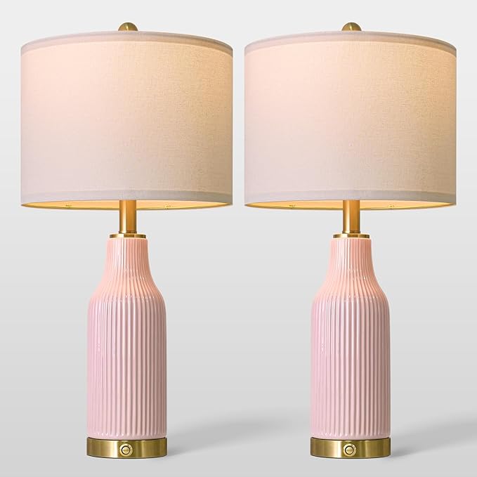 24.5" Modern 3-Way Dimmable Touch Control with USB A+C Ceramic Lamps Set of 2 Table Lamp for Living Room Bedroom Farmhouse Nightstand Bedside Pink