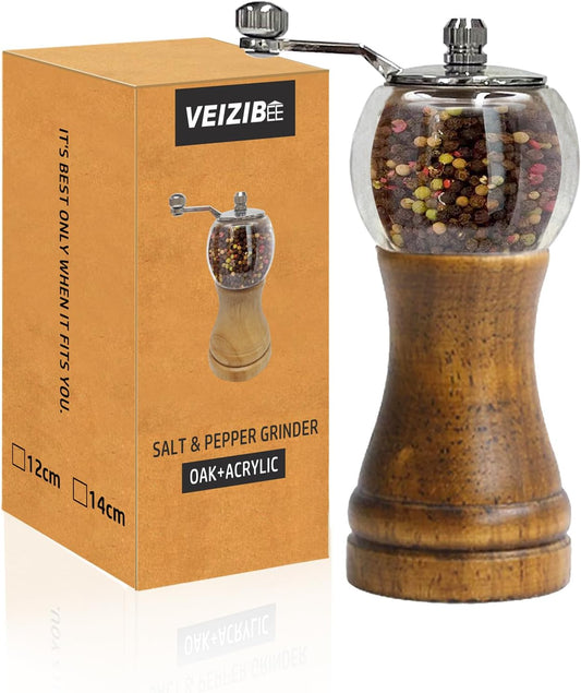 Pepper Mill Set, Manual Pepper Mills, Classical Hand Shake Wooden Pepper Grinder Set or Salt Grinder, Salt Mills Ceramic Blades Metal Handle, Enjoy Fresh Ground spices (Antique 1pcs-6in)