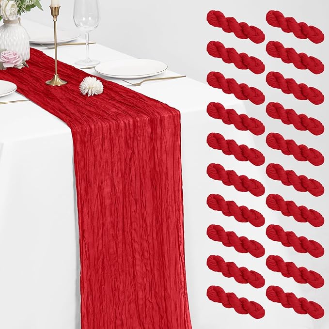 Pesonlook 20 Pack Cheesecloth Table Runner Red, Rustic Boho Gauze Fabric Table Runner Romantic Table Runner for Wedding, Festival, Birthday, Anniversary, Dinner and Outdoor Events (17.7 x 108 inch)
