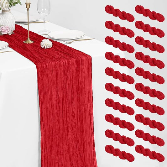 Pesonlook 20 Pack Cheesecloth Table Runner Red, Rustic Boho Gauze Fabric Table Runner Romantic Table Runner for Wedding, Festival, Birthday, Anniversary, Dinner and Outdoor Events (17.7 x 108 inch)