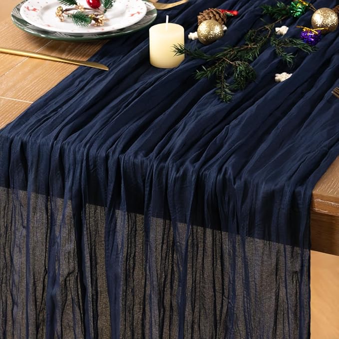 Navy Blue Cheesecloth Table Runner Christmas Table Runner Boho Gauze 120 Inches Navy Cheese Cloth Table Decor for Xmas Holiday Season Parties Wedding Bridal Baby Shower Party Christmas Dinner