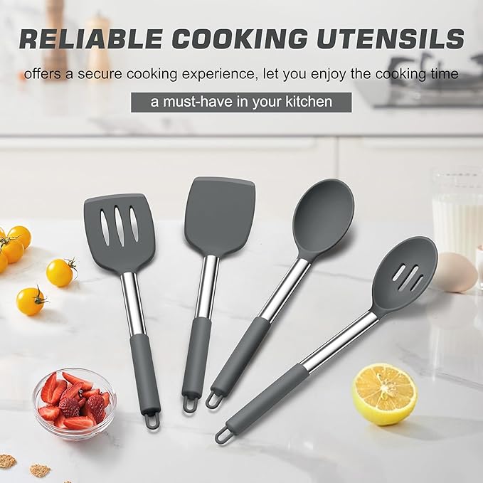 TeamFar Kitchen Utensils, 4PCS Heat-proof Silicone Cooking Utensils Set Slotted Spatula Solid Turner Spoon with Stainless Steel Handle, for Non-stick Cookware Flipping, Frying, Draining – Gray