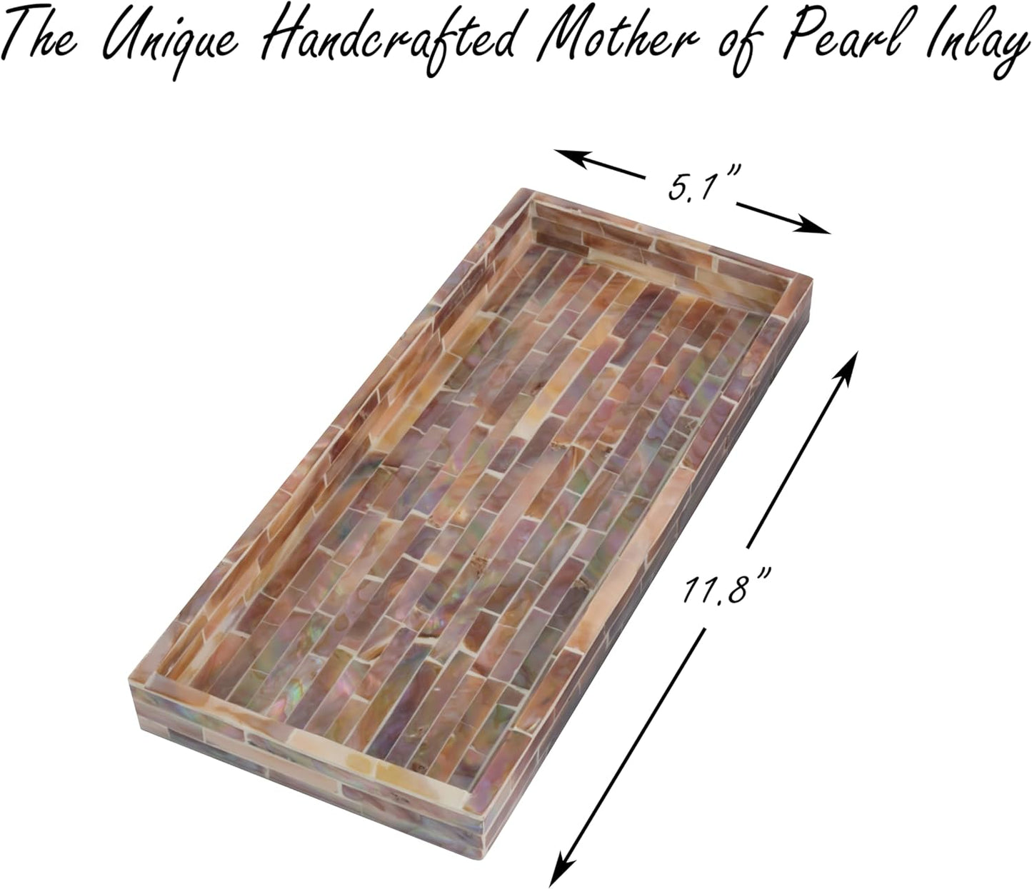 PEMAR Set of 2 Mother of Pearl Vanity Tray for Bathroom Counter, 11" Wooden Organisation Valet Tray for Perfume Makeup Bedroom Dresser Kitchen Sink Countertop Organizer, Toilet Tank (Brown Titles)