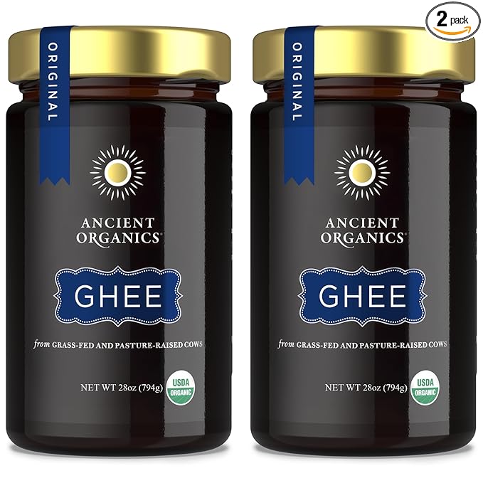 Ancient Organics Ghee - Organic Grass Fed Ghee Butter, Gluten Free, Clarified Butter, Vitamins & Omegas, Lactose Reduced, Kosher, USDA Certified - 28 Oz (Pack of 2)