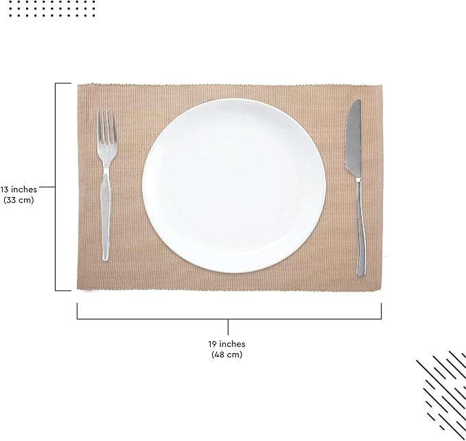 Encasa XO Dining Placemat Set of 6 | Solid Solid Beige Color | Fine Ribbed Cotton Table mat | Size 19x13 in |for Dining Table Fall Decoration, Holiday & Christmas Festivals - Machine Washable