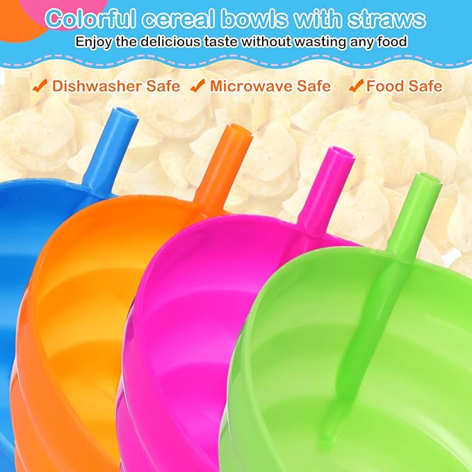 12 Pack Christmas Plastic Cereal Bowls with Straws Colored 16 oz Built-in Straw Bowl and 4 Cleaning Brushes Reusable Dishwasher for Breakfast Milk Soup Snack Salad Dessert Party Supplies