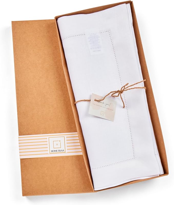 Home Ekaa 100 % Pure Linen White Table Runner 36 inches – Washable Small Hemstitch 14 x 36 Inch Table Runner for Dining, Christmas, Fall, Winter, Holiday & New Years Decor – Elara