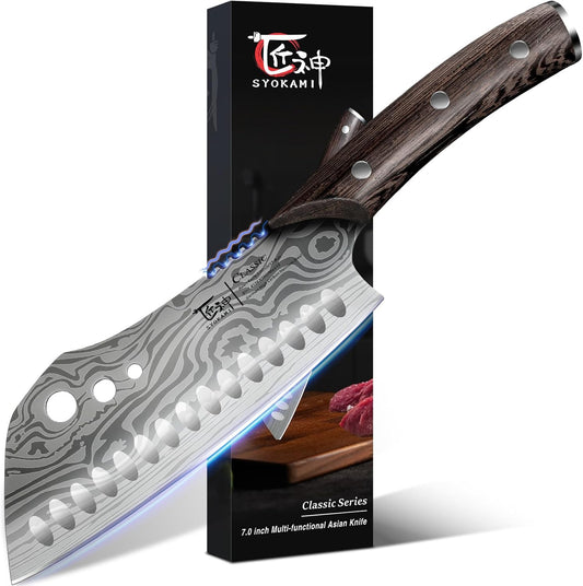 Cleaver Chef Knife with Herb Stripper, 7" Asian Kitchen Knife 3-in-1 Combined with Chef's Knife, Santoku, Nakiri for Slicing, Chopping, Dicing, Mincing, Housewarming Birthday Cooking Gifts