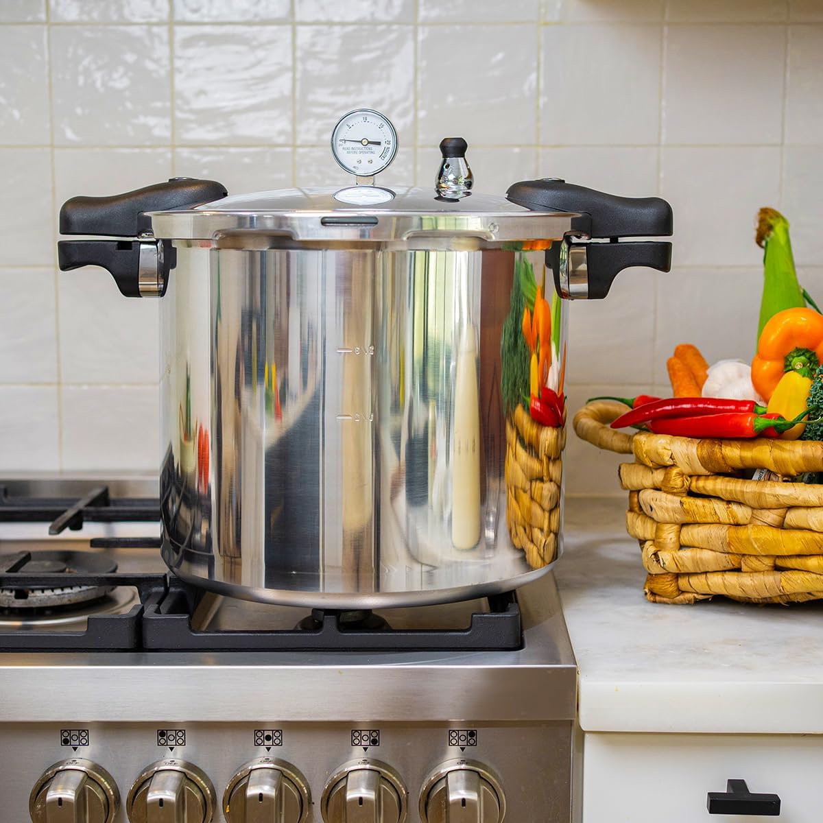Barton Pressure Canner 22-Quart Capacity Pressure Cooker Built-in Pressure Gauge with (1) Rack, Aluminum Polished