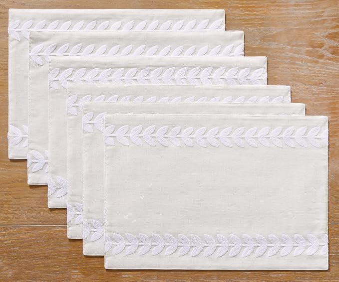 Wracra Embroidered Placemats, 13 x 18 Inch Set of 6 Placemats, Irregular Willow Rustic Place Mats for Kitchen Table and Heat Resistant, White 6PCS