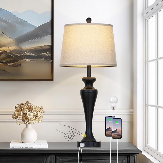 30 Inch Single Black Table Lamp for Bedroom, Modern Tall Lamp for Living Room End Table, 3-Way Dimmable Touch Nightstand Lamps, Metal Bedside Lamps with USB A+C Ports and AC Outlet, Bulb Included