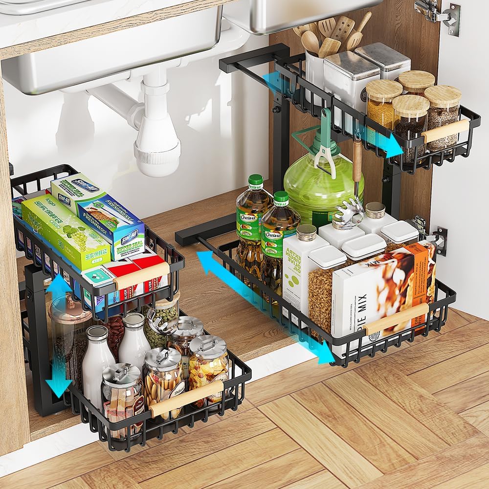 Under Sink Organizer, 2 Tier Metal Under Sink Organizers and Storage, 2 Pack Height Adjustable Slide out Pull out Cabinet Organizer Shelf for Kitchen Bathroom Pantry Cabinet