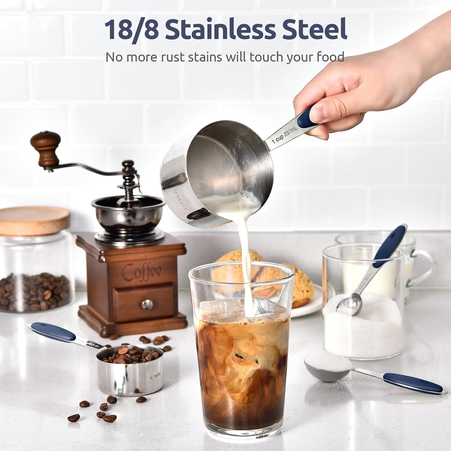 U-Taste Measuring Cups and Spoons: Food Grade 18/8 Stainless Steel Metal Measure Cups and Spoons Set of 10, Upgraded Thickness Handle (Midnight Blue)