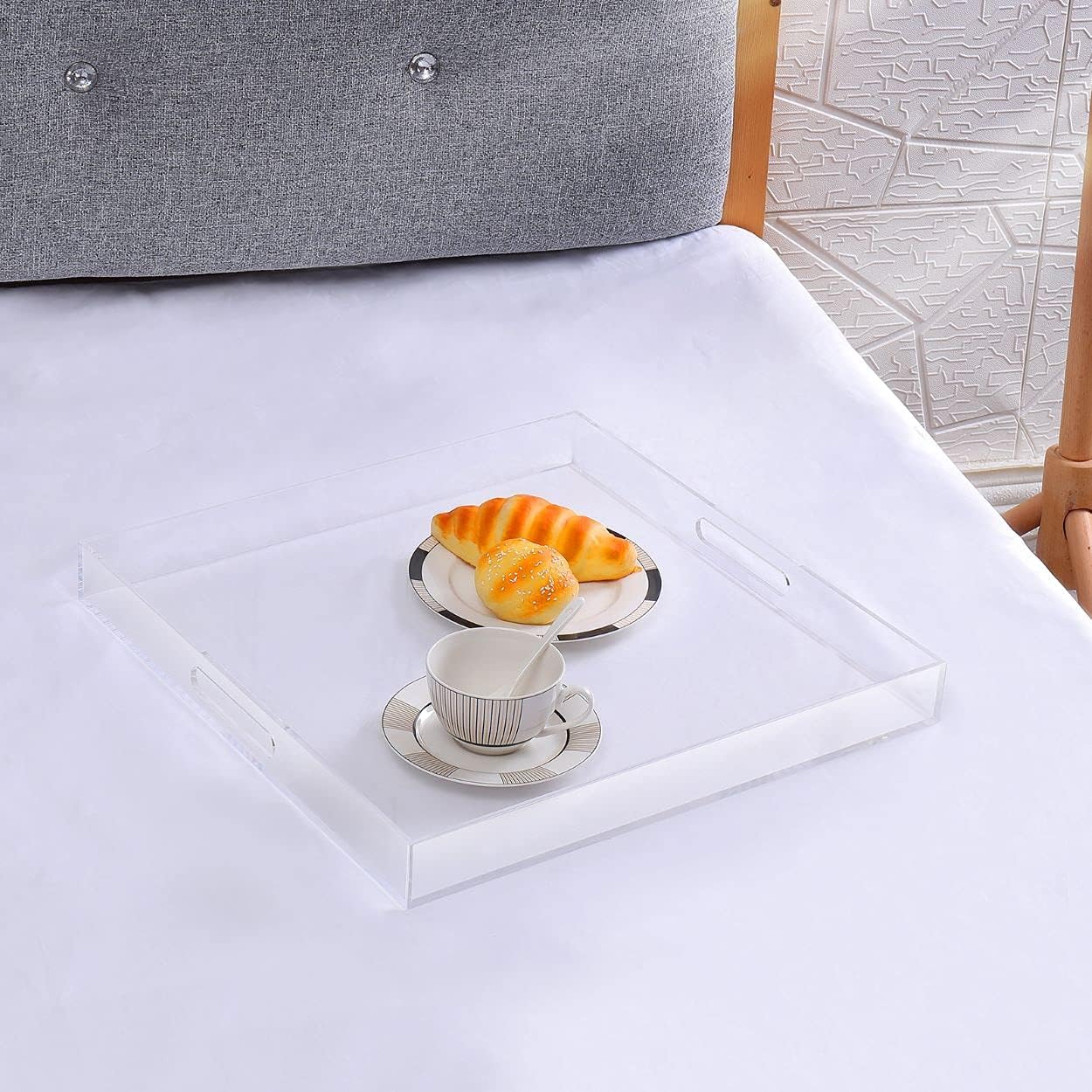 Clear extra large Ottoman Tray with Handles 18"x18"x2" Spill proof Acrylic Serving Tray Organizer Tray Decorative safe edge tray For Living Room Entryway Bedroom Kitchen Coffee Table coutertop