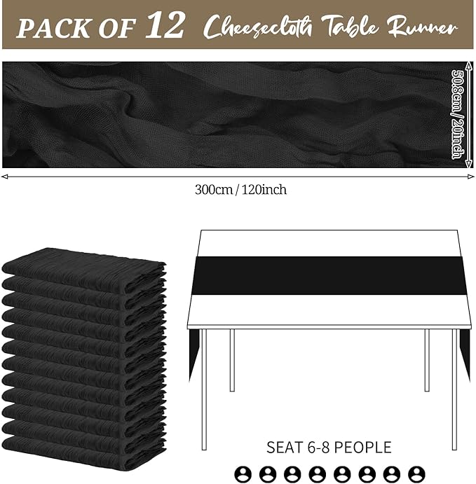 12 Pack Cheesecloth Table Runner 20 x 120 inch Cheese Cloth Table Runner Bulk,Romantic Boho Sheer Gauze Fabric Table Runners for Wedding Reception,Party,Bridal Shower Table Decor(Black)