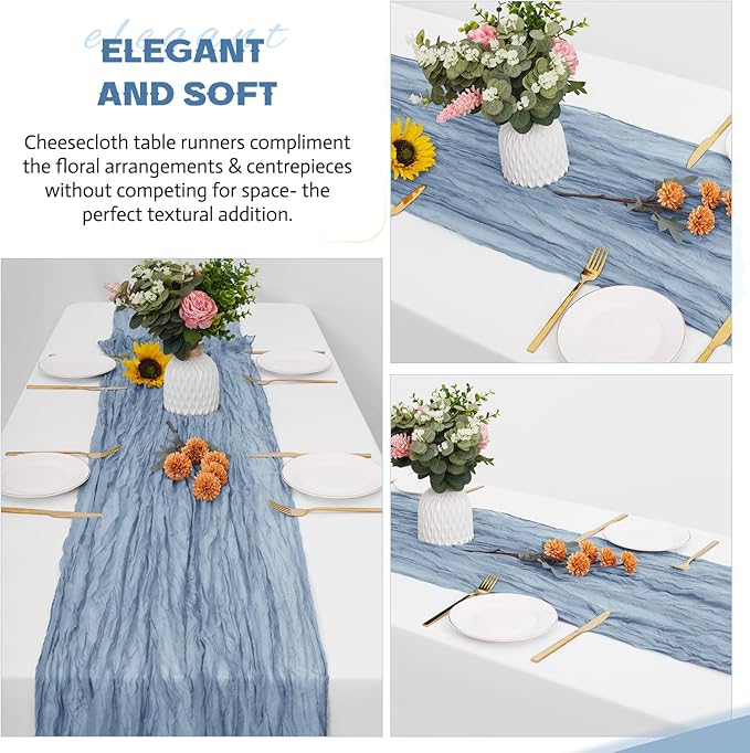 Aktor 12 Pack Dusty Blue Cheesecloth Table Runner 10Ft Gauze Table Runner Boho Semi Sheer Cheese Cloth Fabric Runners for Wedding Birthday Baby Shower Party Table Decoration（Dusty Blue）