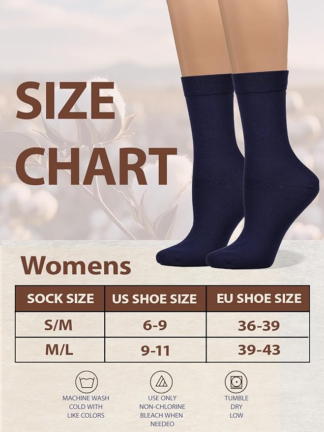 COTTON DAY Women's Soft Combed Cotton Dress Socks Seamless Toe Black White Gray Navy Blue Brown Beige