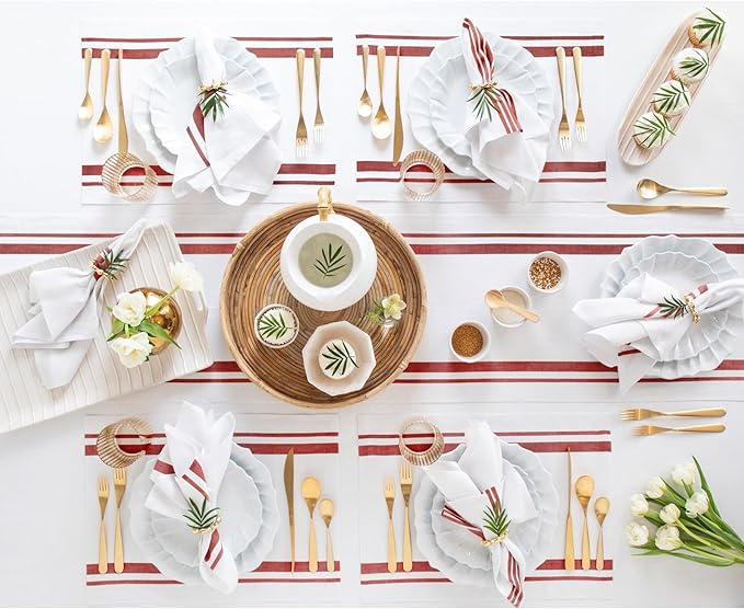 Solino Home Linen Table Runner 144 Inches Long - French Stripe, 100% Pure Linen Red and White Farmhouse Table Runner 14 x 144 Inch Ideal for Dining, Christmas, Holiday, New Year