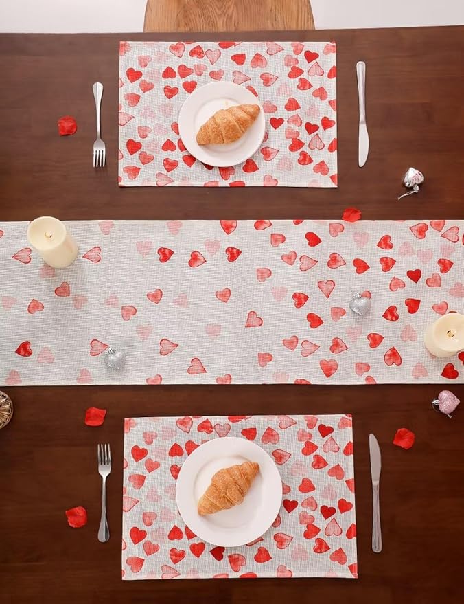 Pink Red Love Valentine's Day Table Runner 13"x72" & 4 Pcs 12"x18" Placemats Sets with 12 Heart Balloons, Love Letter Balloons, Stickers & Blowing Straw for Home Party Decor