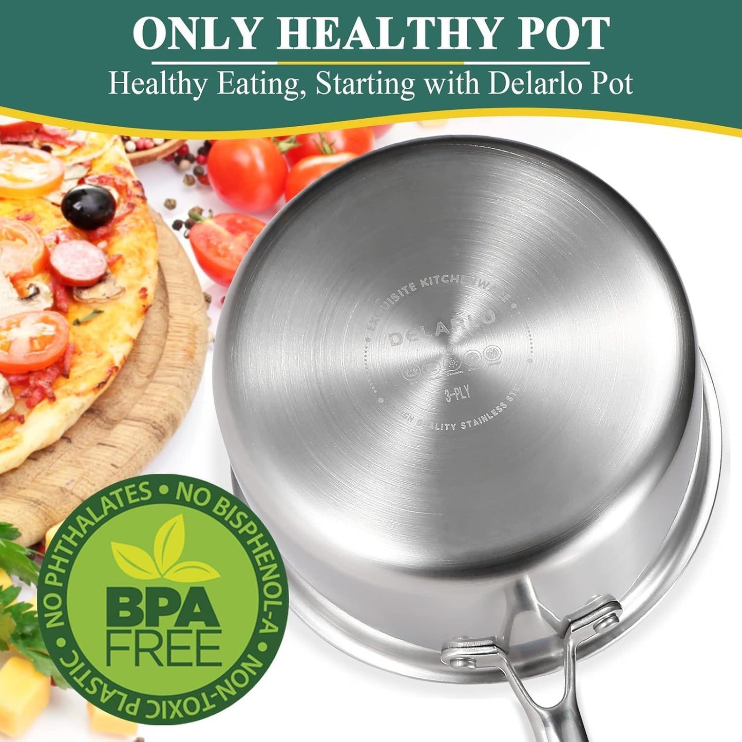 DELARLO Sauce Pan Sets, Compatible with All Cooktops 600℉, Full Clad Triply Stainless Steel Saucepan, 1QT Pot & 2 QT Pot with Steamer (Lids 300℉)