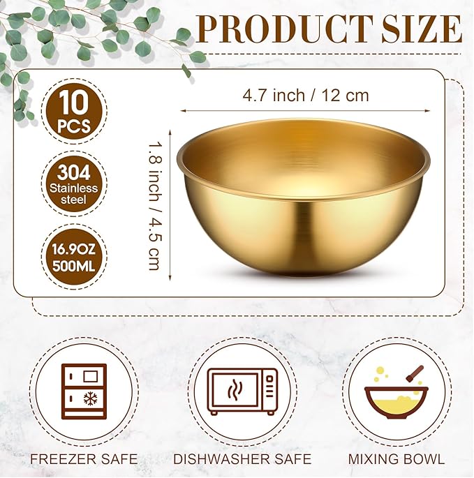 Nuogo 10 Pcs Stainless Steel Mixing Bowls Christmas Decorative Esthetician Bowls for Christmas First Holy Communion Wedding Baking Prepping Serving Facial Salad Fruit Candy(4.7 Inch,Gold)