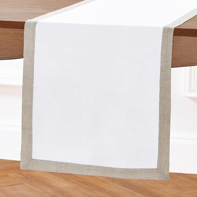 Solino Home Linen Table Runner 60 Inches - 100% Pure Linen Light Natural and White Short Table Runner 14 x 60 Inch Ideal for Dresser and Coffee Tables - Classic