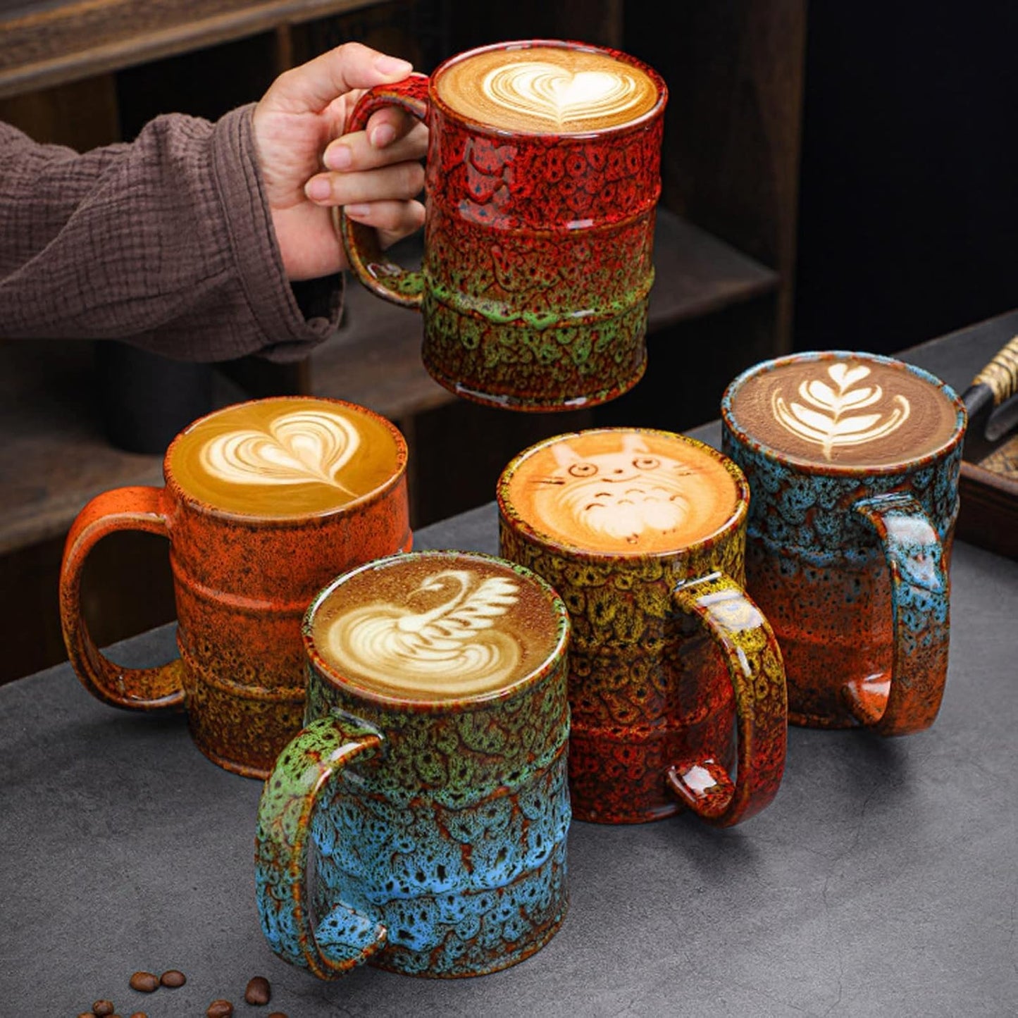 Ceramic 20 oz Tea Cup - Large Coffee Mug for Office and Home - Dishwasher and Microwave Safe (4, Green and Blue)