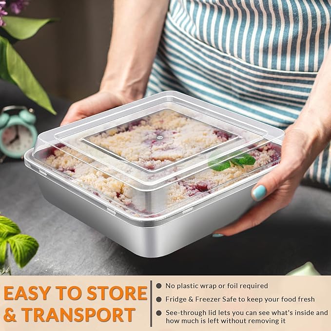 E-far 8 x 8-Inch Square Baking Pan with Lid, Stainless Steel Square Cake Brownie Pan, Fit for Toaster Oven, Non-toxic & Healthy, Easy Storage & Dishwasher Safe - 2 Pieces
